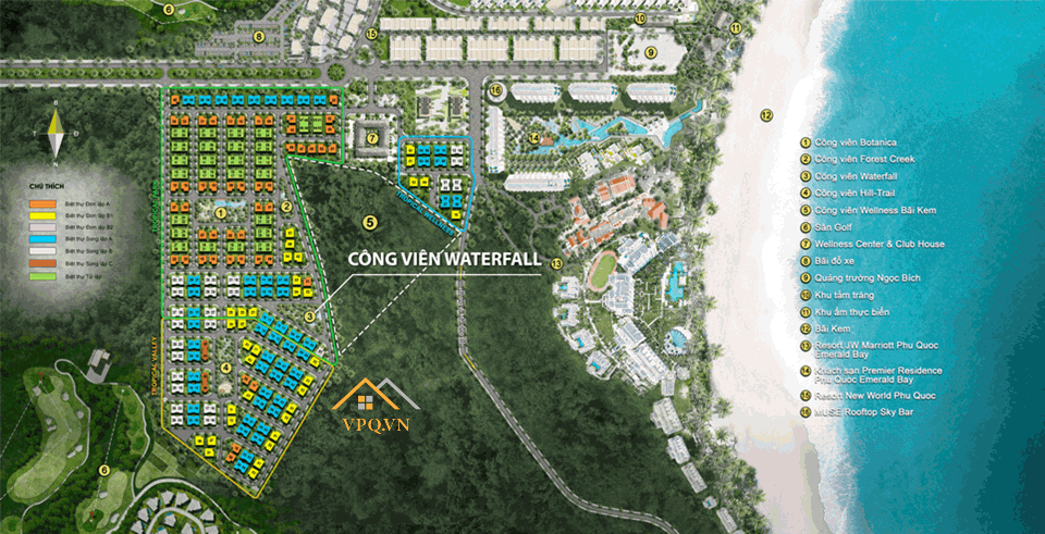 Vị trí công viên Waterfall trên mặt bằng tổng thể Sun Tropical Village Phú Quốc