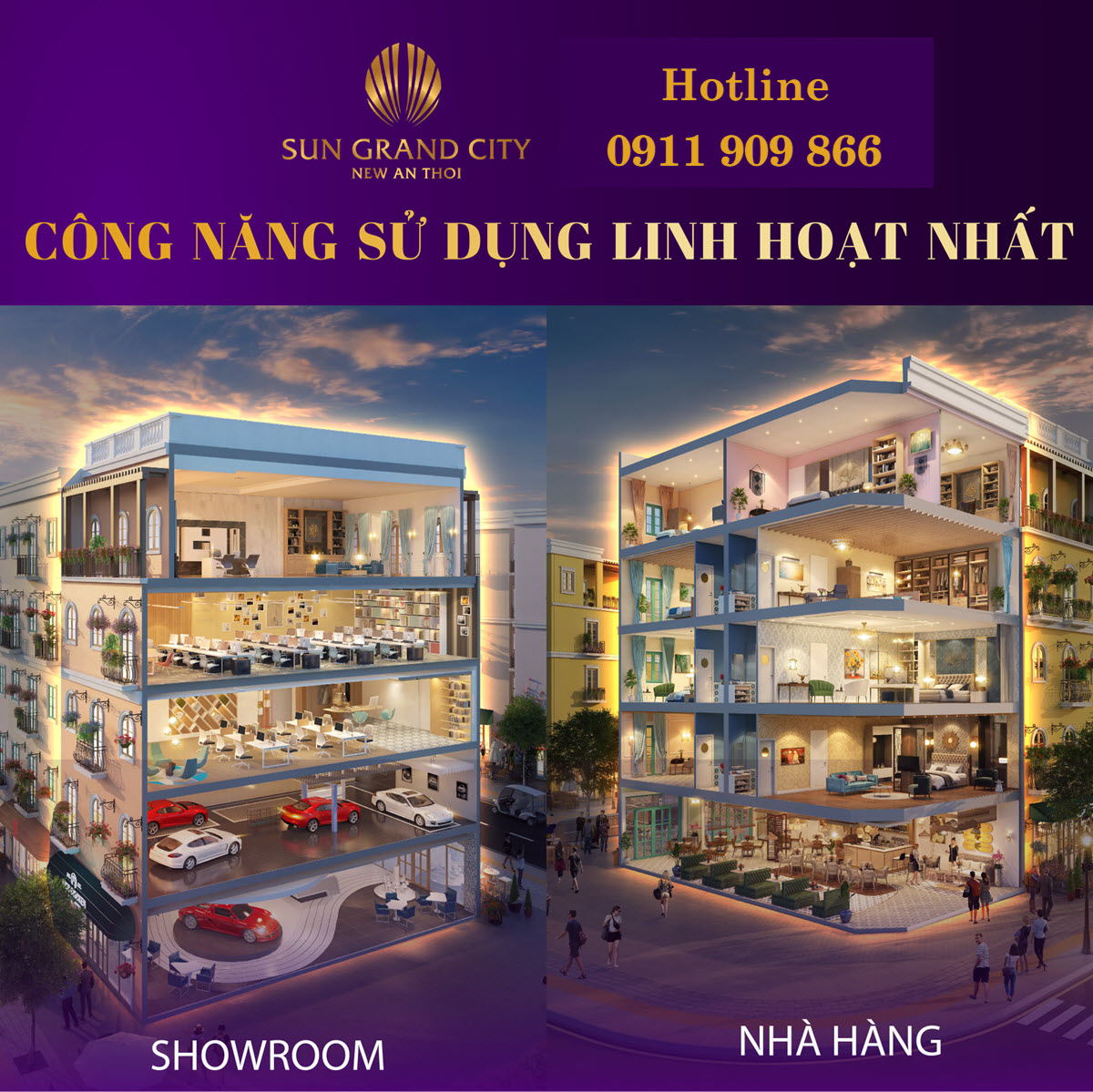 Đa công năng sử dụng: siêu thị, nhà hàng, showroom, văn phòng du lịch, mini hotel…