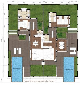 Mặt bằng tầng 1 biệt thự song lập A-UP Premier Village Phu Quoc