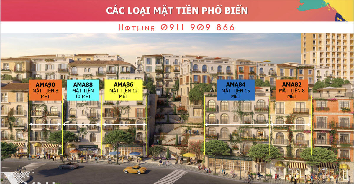 Phối cảnh shophouse Center Địa Trung Hải sở hữu kích thước mặt tiền khác nhau
